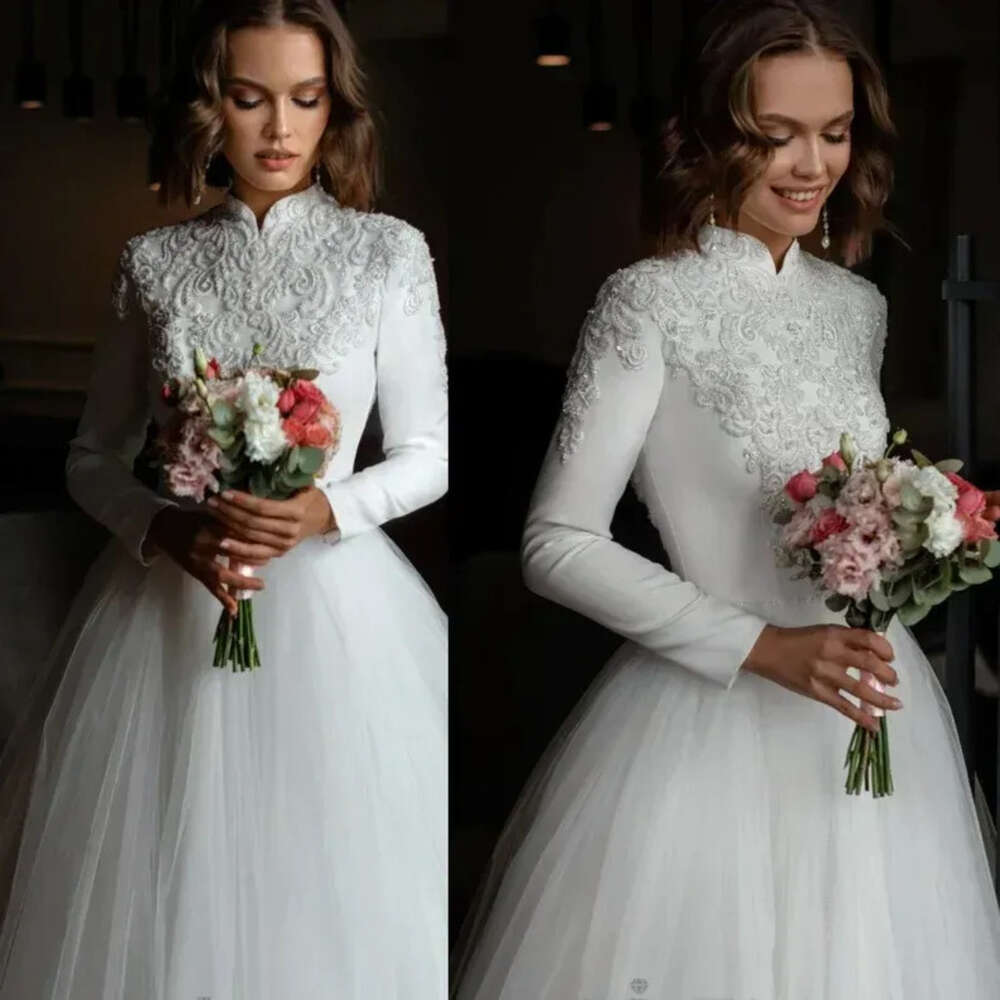 Muslim Vintage Wedding Dresses Bridal Gown Tulle Satin High Collar Lace Applique Ruched Pleats Sweep Train Long Sleeves Country Plus Size Vestido De B