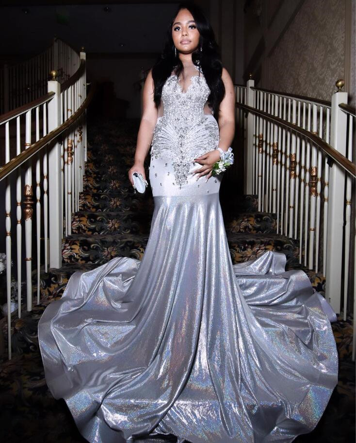 Silver Ivy Diamond Mermaid Evening Formal Dresses for Black Girl Sparkly Luxury Crystal Gillter Birthday Gala Prom Gown Robes