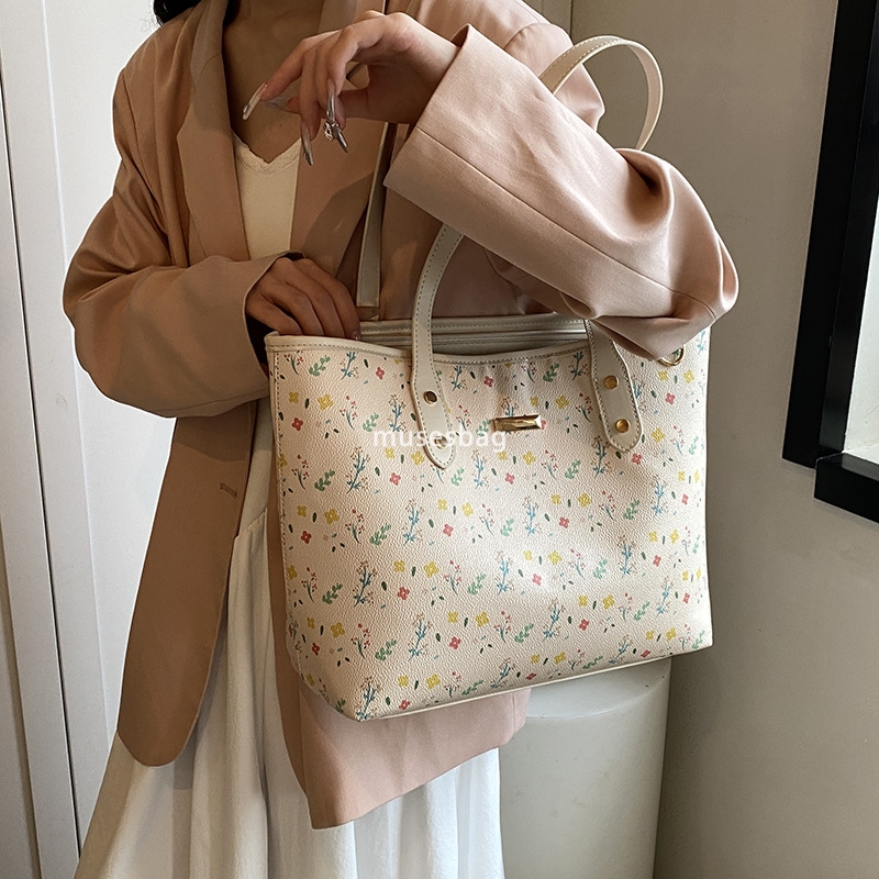 Women's tote bag PU leather strap zipper large capacity handbag fashionable business retro flower handbag student shopping printed large capacity