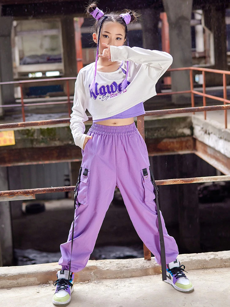 Jazz Dance Costume Kids Hip Hop Clothes Girls White Crop Tops Purple Cargo Pants Long Sleeved K-pop Concert Show Wear BL9259 240618
