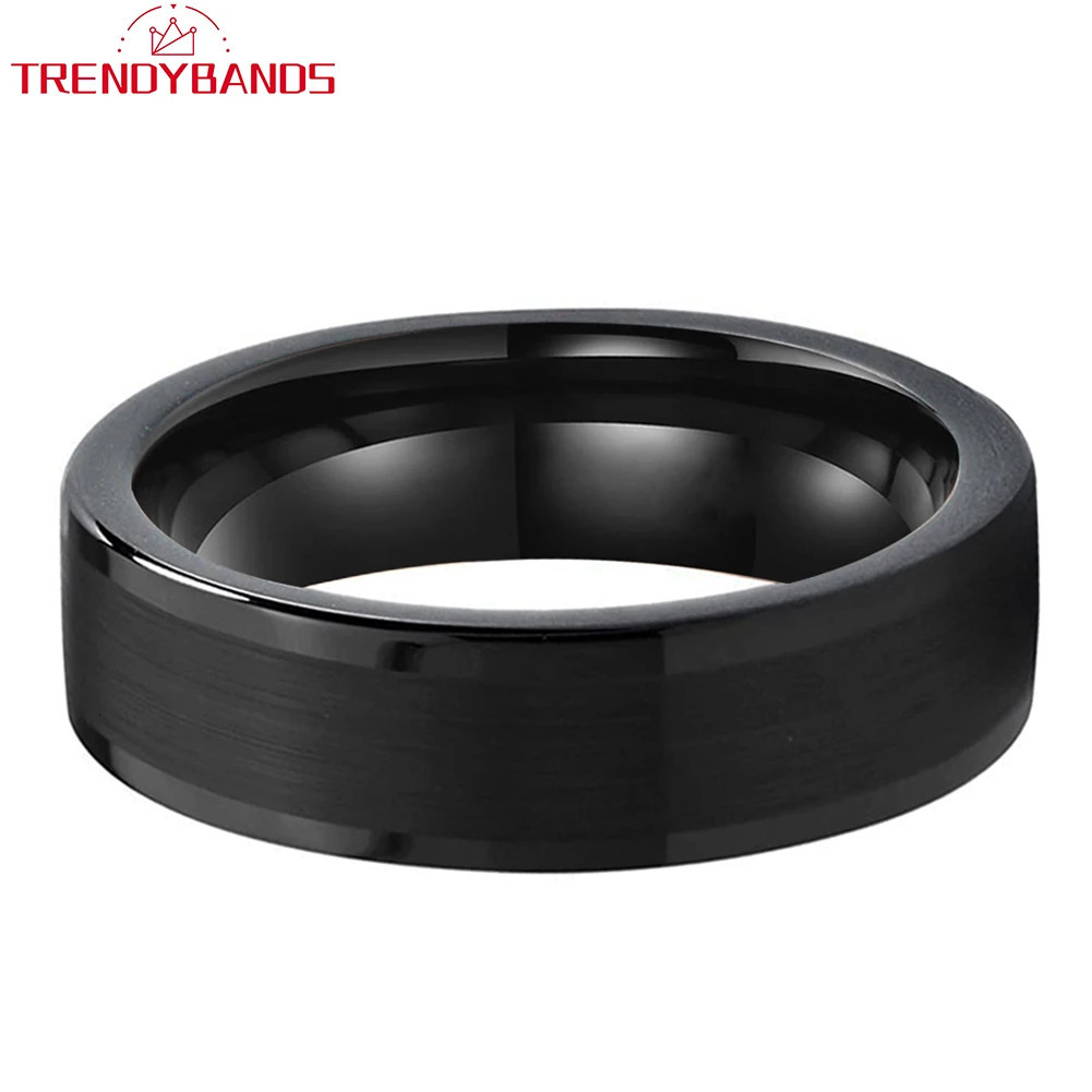 6mm Black Mens Womens Tungsten Carbide Ring Engagement Wedding Band Flat Brushed Polished Shiny Comfort Fit 240618