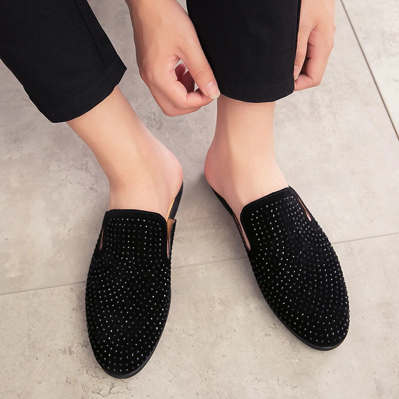 Glitter Rhinestone Leather Shoes Men Outerwear Half Mules Casual Slides Slippers Sandals Male Fashion Mocassins 240618