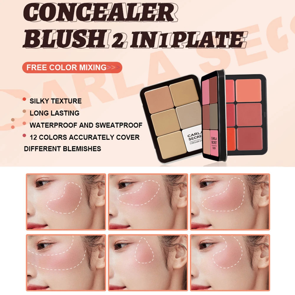 12-Color Iron Box Blusher Multi-Color Cream Concealer Plate Contour and Highlighter Palette Makeup Blush Face 240618