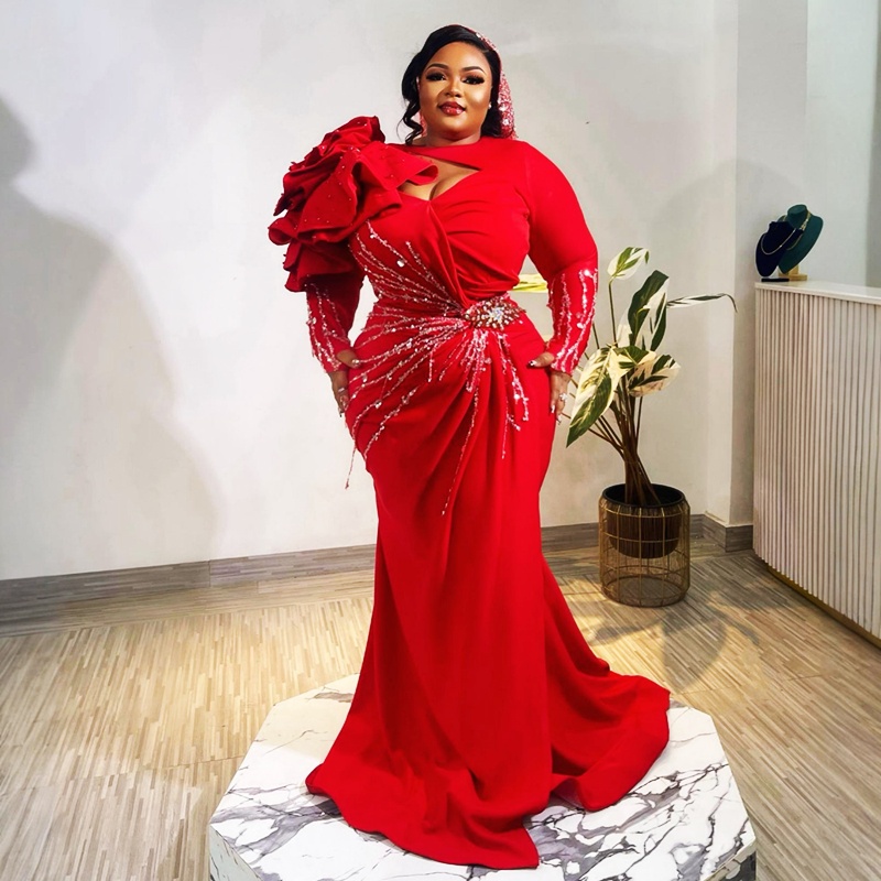 2024 Plus Size Red Prom Dress Mermaid Promdress Evening Formal Gowns Long Sleeves Beaded Sequined Crystals Decorated Birthday Dress Second Reception G