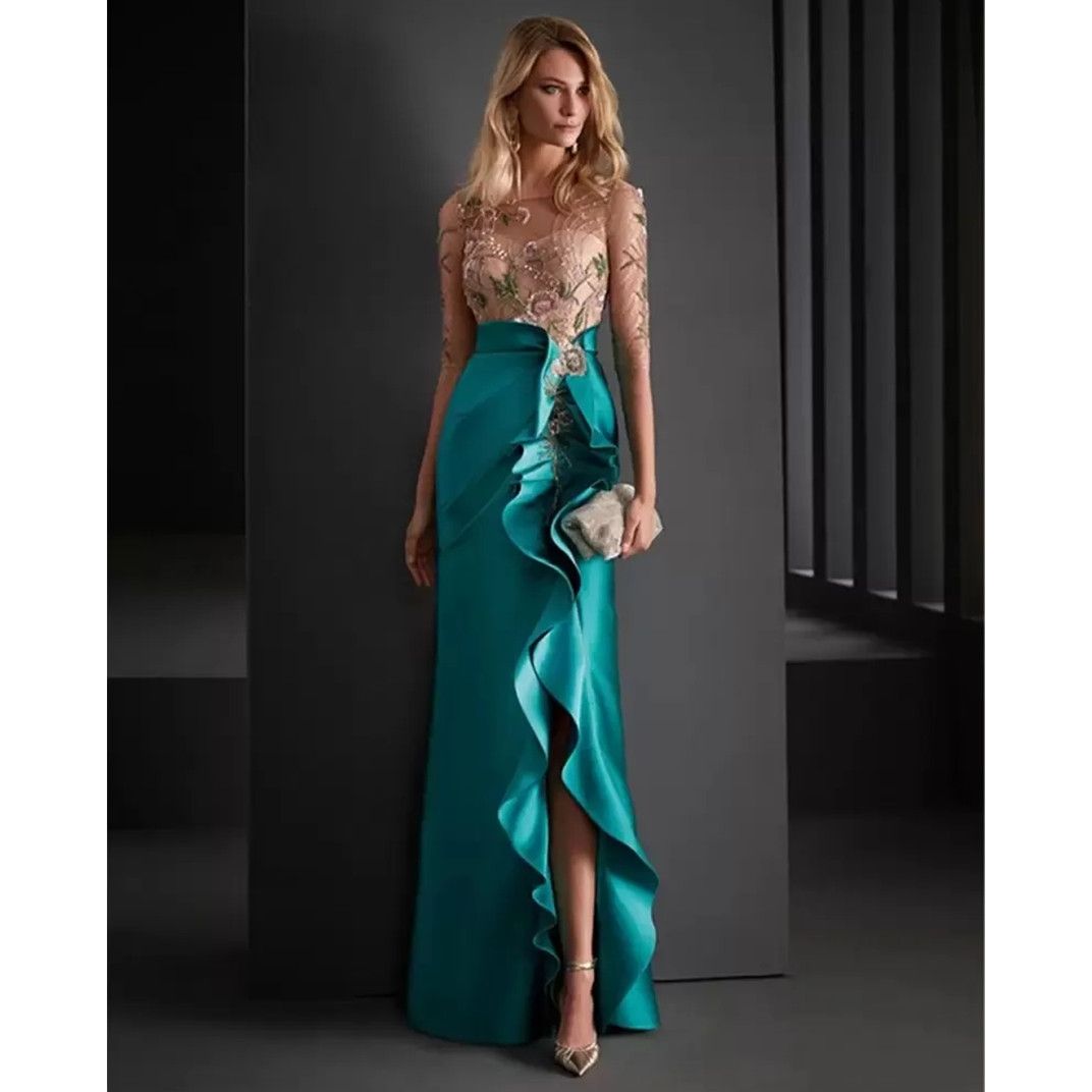 Ruffle Slit Long Mother Of The Bride Dresses Half Sleeves Lace Applique Beaded Teal Satin Guest Wedding Party Gowns Godmother Groom Mom Prom Evening G