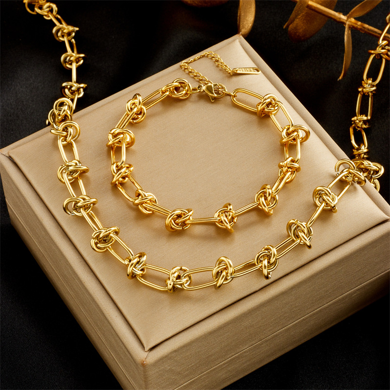 18k Gold Wire Knot Chunky Chain Necklace Bracelet Designer Jewelry Set Non Tarnish Stainless Steel Adjustable Chain Necklaces for Woman Man Heavy Meta