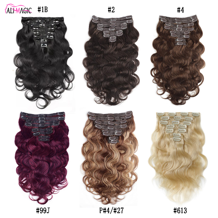 Remy Clip In On Hair Extensions Human Hair Extensions Body wavy Extra Thick Double Weft Natural Black Off Black 8pcs Full Head Weave Brazilian Hair