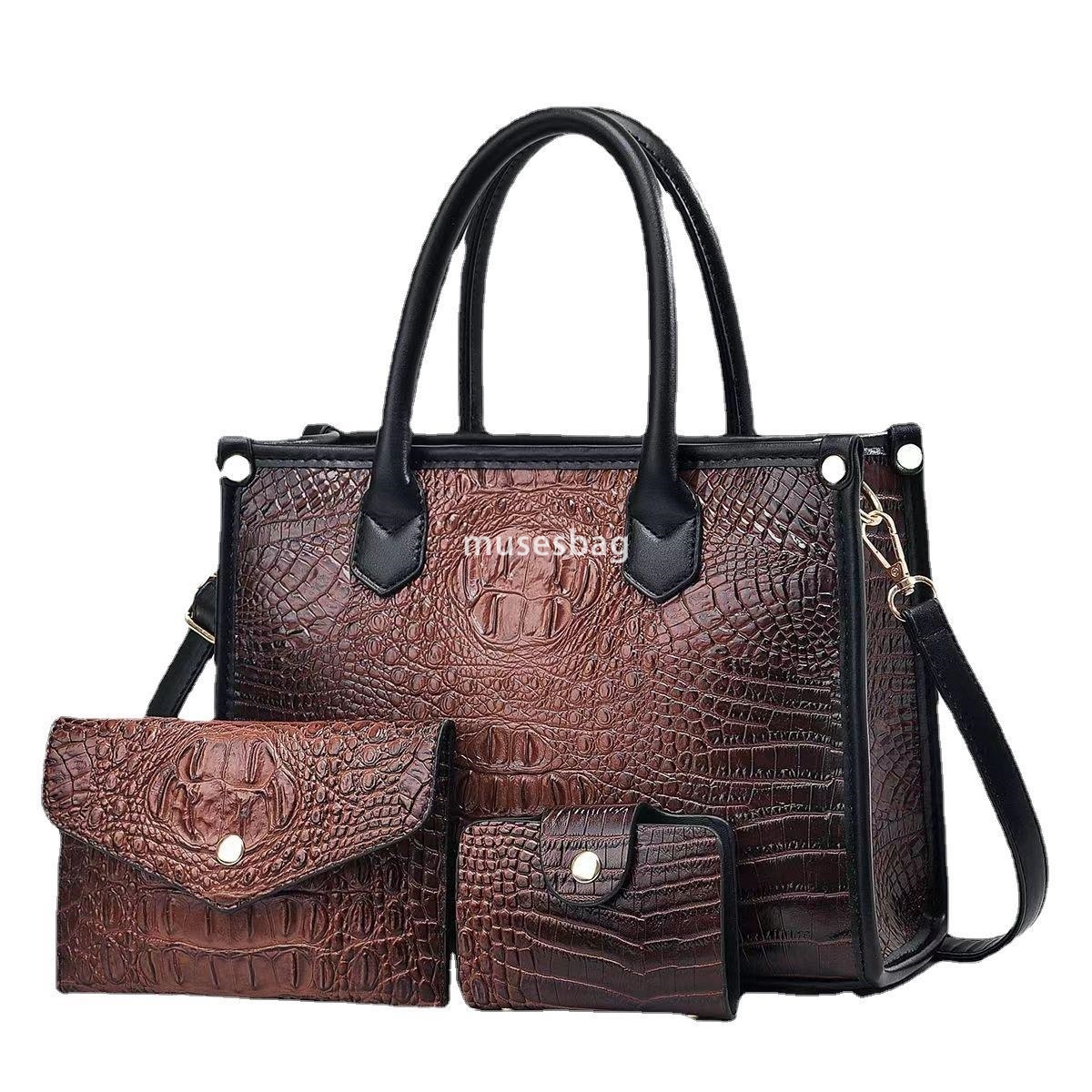 High quality women designer retro multifunctional crocodile pattern single shoulder crossbody handbag with large capacity three piece set mother bag