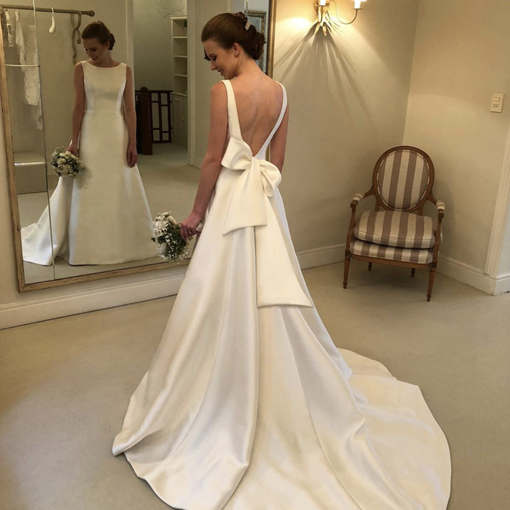 Backless Simple Eelegant Dress A Line Satin Bridal Gown With Bow Back Beach Garden Wedding Dresses es