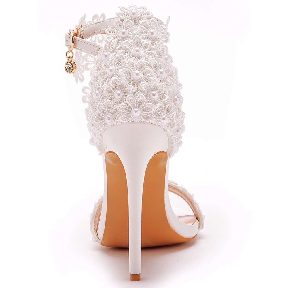 Crystal Queen Women Ankle Strap Sandals White Lace Flowers Pearl Tassel Super Stiletto High Heels Slender Bridal Wedding Shoes