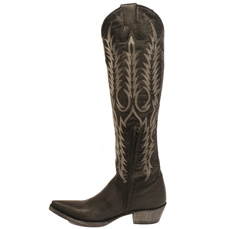 Lanjia Embroidered Cowgirl Shoes Women Slip On Western Knee High Fashion Low Heels Square Toe Cowboy Boots B