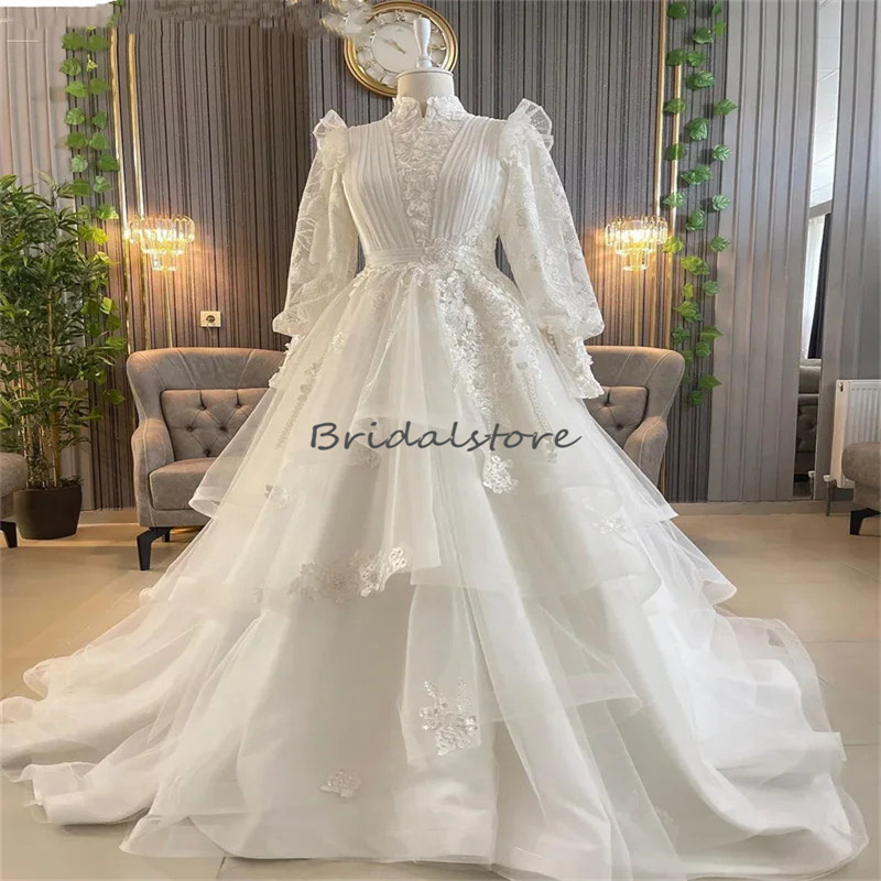 Stunning Boho Muslim Wedding Dresses Long Sleeve Lace Bohemian Civil Bridal Dress 2024 A Line Arabic Dubai Ruffles Country Bride Vestido De Casamento 