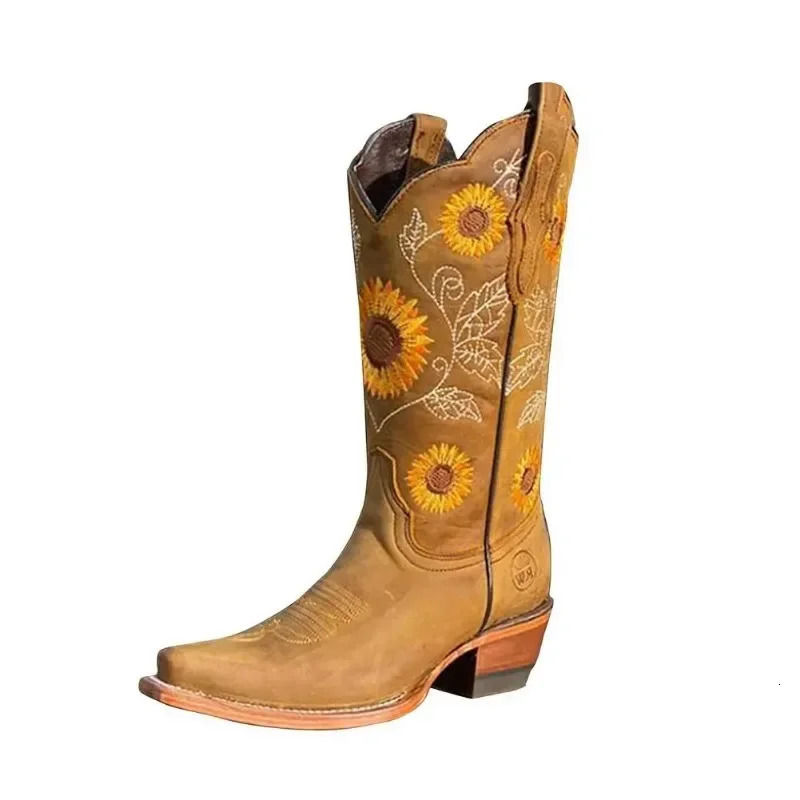 Women Coffee Brown Embroidery Boots PU Leather Printed Western Cowboy Boots Deep V-mouth High Tube Casual Boots Classic 240619