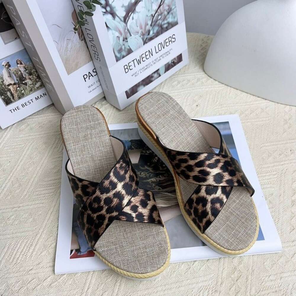Size Summer Large New Women S Leopard Pattern Lazy Sexy Slope Heel Fish Mouth Slippers Ddmysaturn