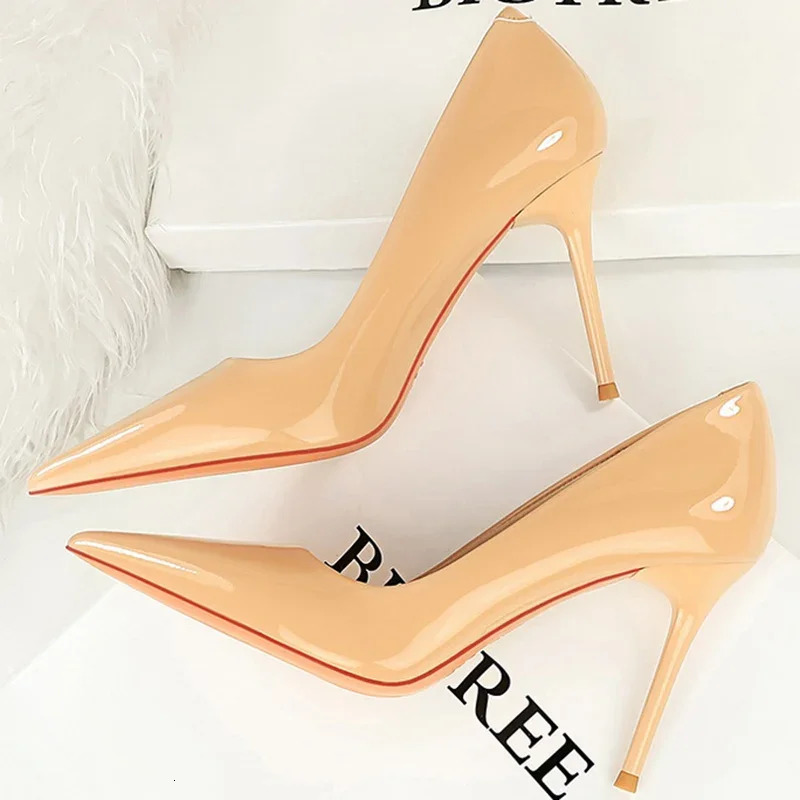 Women 9.5cm High Heels Pumps Wedding Bridal Classic Scarpins Stiletto Heels Lady Nude Royal Blue Glossy Leather Event Prom Shoes 240619