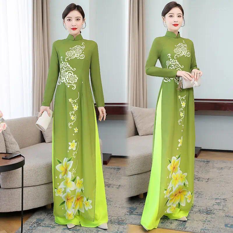 Ethnic Clothing 2024 Women Traditional Dress Vieam Ao Dai Cheongsam Dresses Green Aodai Suit Elegant Party