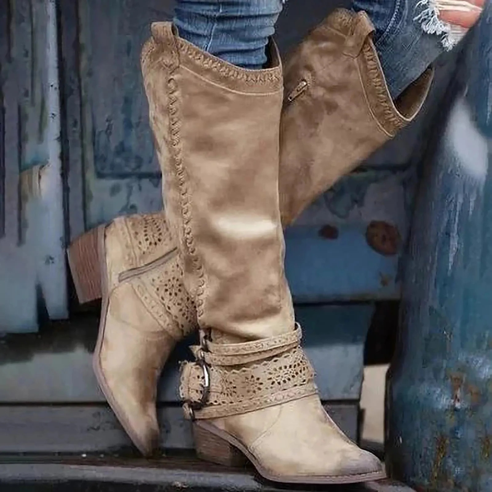 Western Cowboy Boots Buckle Ladies Low Heel Knee High Boots Retro Hollow Out Shoes Winter Female Shoes 240619