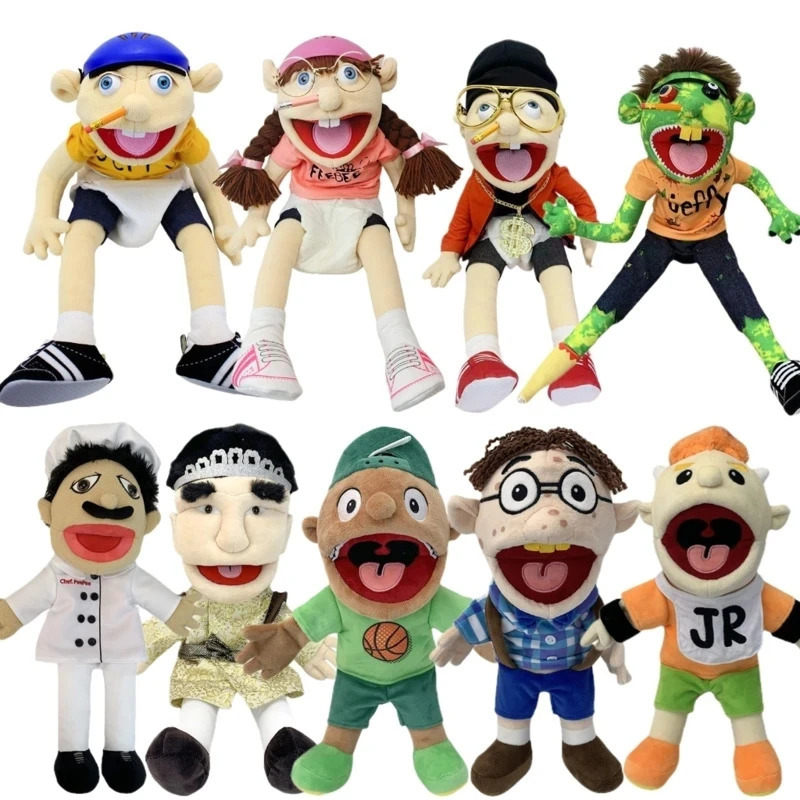 40-60cm Large Jeffy Puppet Plush Hat Game Toy Cartoon Feebee Hand Puppet Plushie Doll Family Puppet Parent-child Game Gifts 240619
