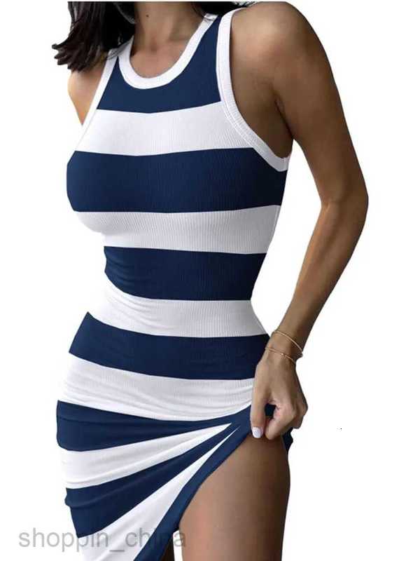 Basic Casual Dresses Summer Women Sundress Casual Women O-Neck Sleeveless Striped Print Boydcon Dress Slim A-Line Mini Stretch Vestidos