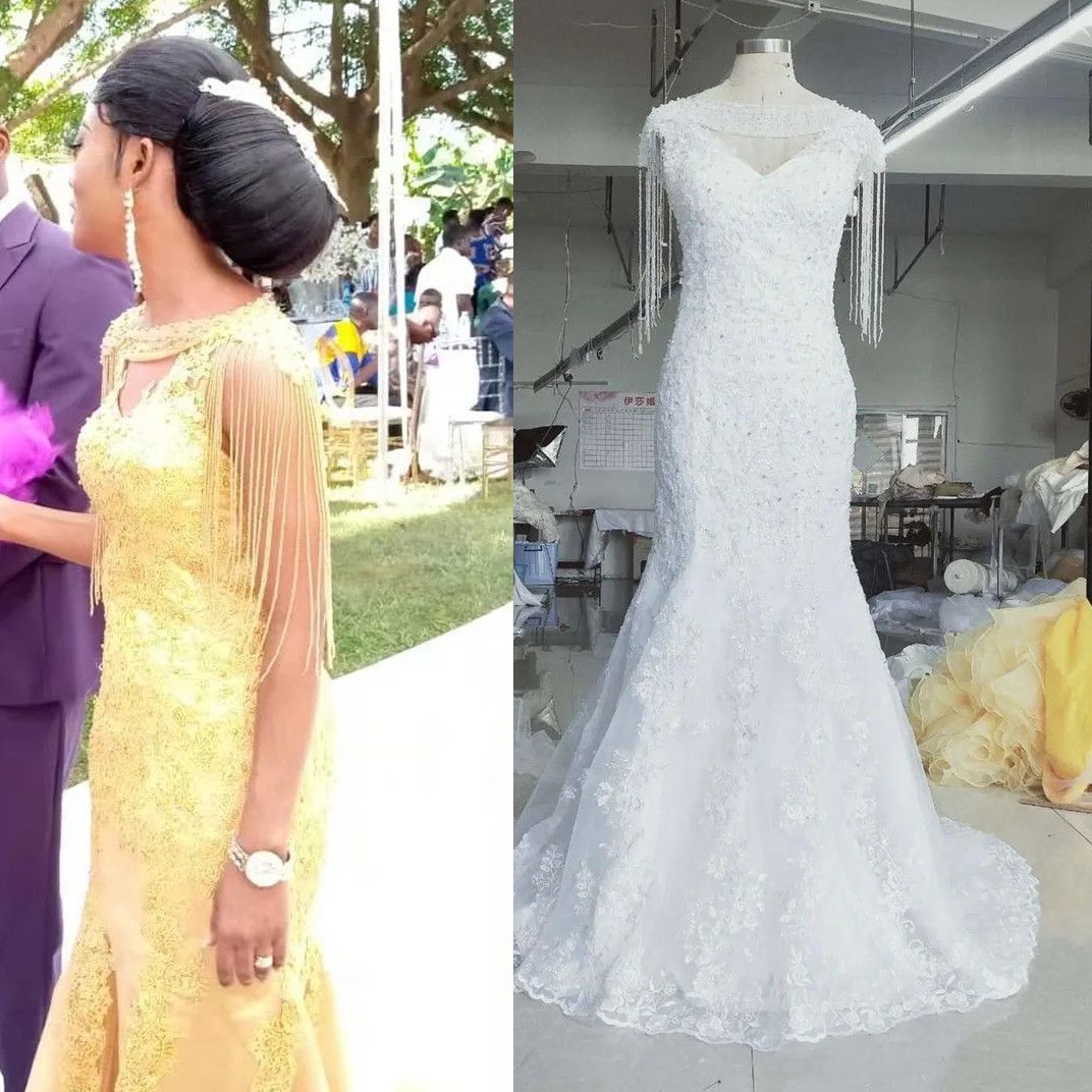 Dresses With African Shrug Tassels Beading Deep V Neck Mermaid Wedding Dress Plus Size Lace Bridal Vestidos De 2024 Custom Made estidos