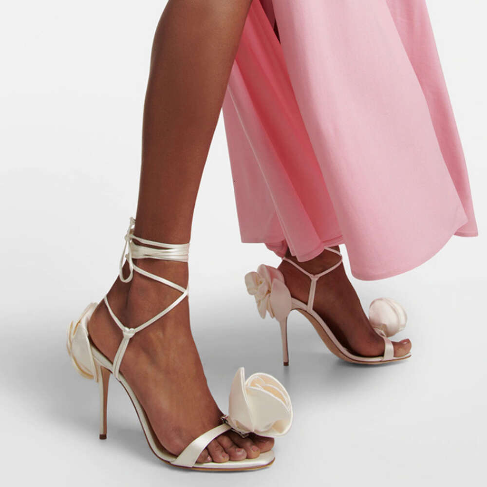 2023 Fashion Slim High Heel Front Back Satin Rose Lace Women's Sandals European And American Show Banquet Shoes Heels Women