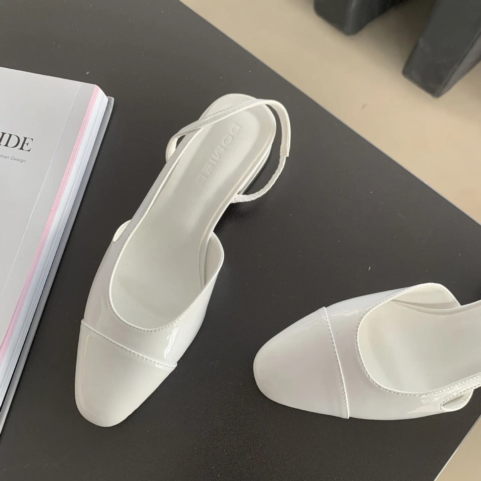 Retro womens shoes beige high heels sandals round toes shallow mouth original black comfort closed low basic PU neutral back Str for girls 240617