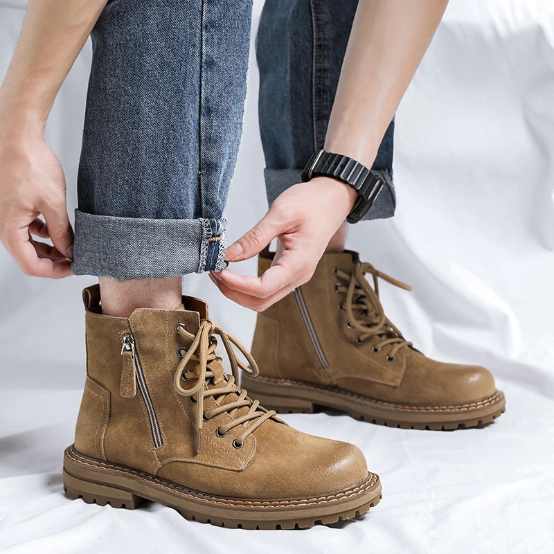 Shoes for Men Casual Round Toe Work Boots Men's Boots High Top Boots Leather Solid Color Male Ankle Boots 240619