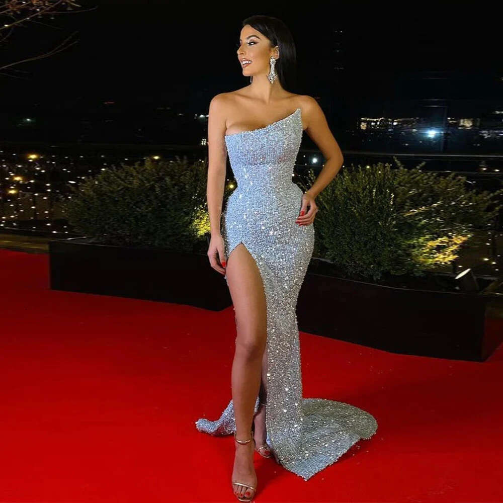 Sequins Sparky Evening Dresses Strapless Mermaid Side High Split Sweep Train Prom Formal Party Gowns