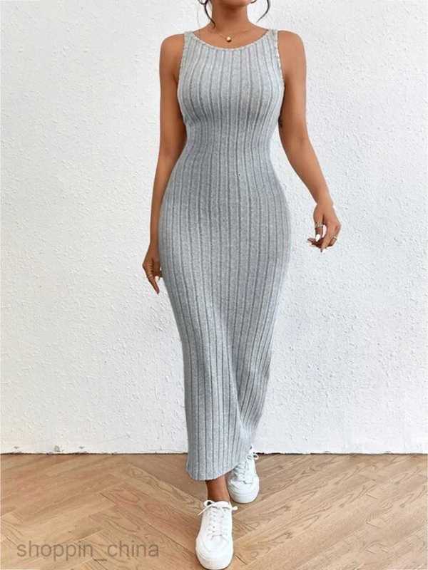 Basic Casual Dresses Backless Knit Bodycon Long Dress Women's Summer Sleeveless O Neck Tank Dress Street Vacation Beach Casual Sundress