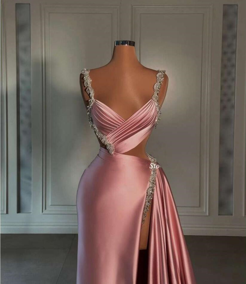 Qanz Formal Mermaid Evening Dresses V-Neck Pleat Spaghetti Straps Prom Dress High Side Slit Pearls Special Celebrity Party Gowns 0619