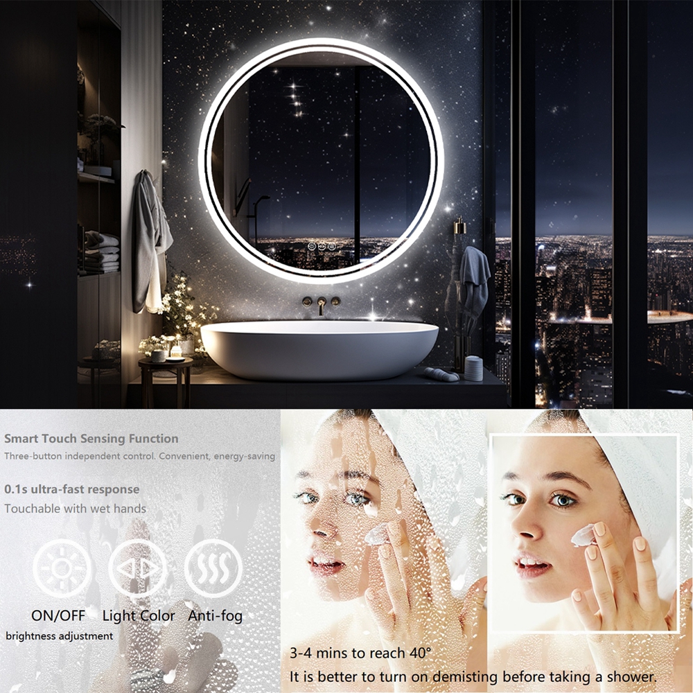 LUVODI 600 x 600 Round Illuminated Bathroom Wall Mirror with Demister Led Lights Dimmable Makeup Mirror for Bathroom Renovation
