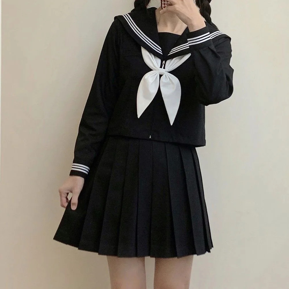 Japanese School Uniforms Style Student Girls Navy Costume Women Sexy Black JK Long Dress Suit Sailor Blouse Pleated Skirt Set 240617