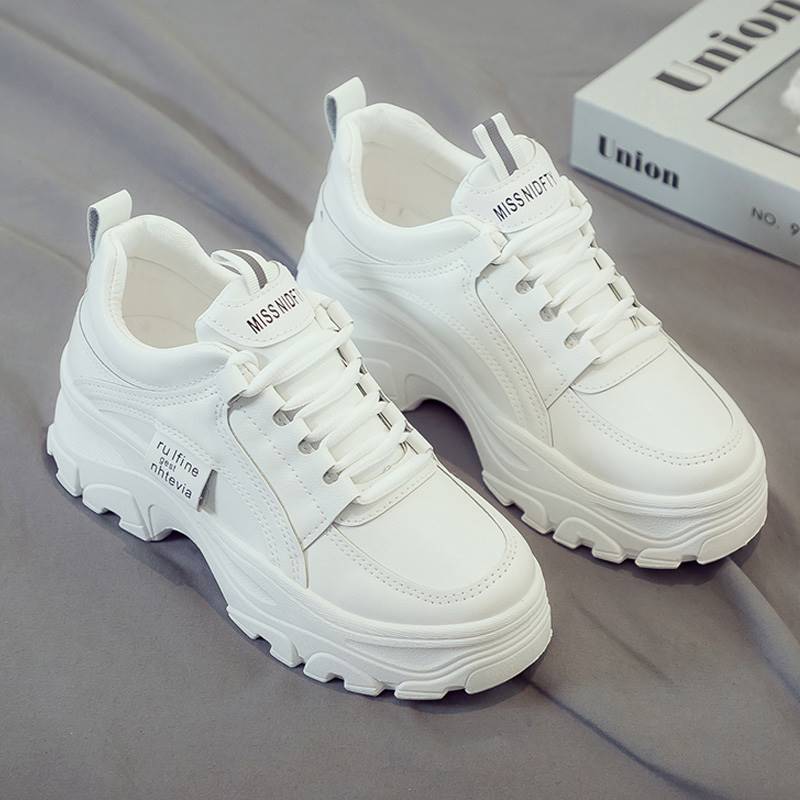 Classical Women Casual Sneakers Lether Elevator Shoes Lace-Up Platform Shoe