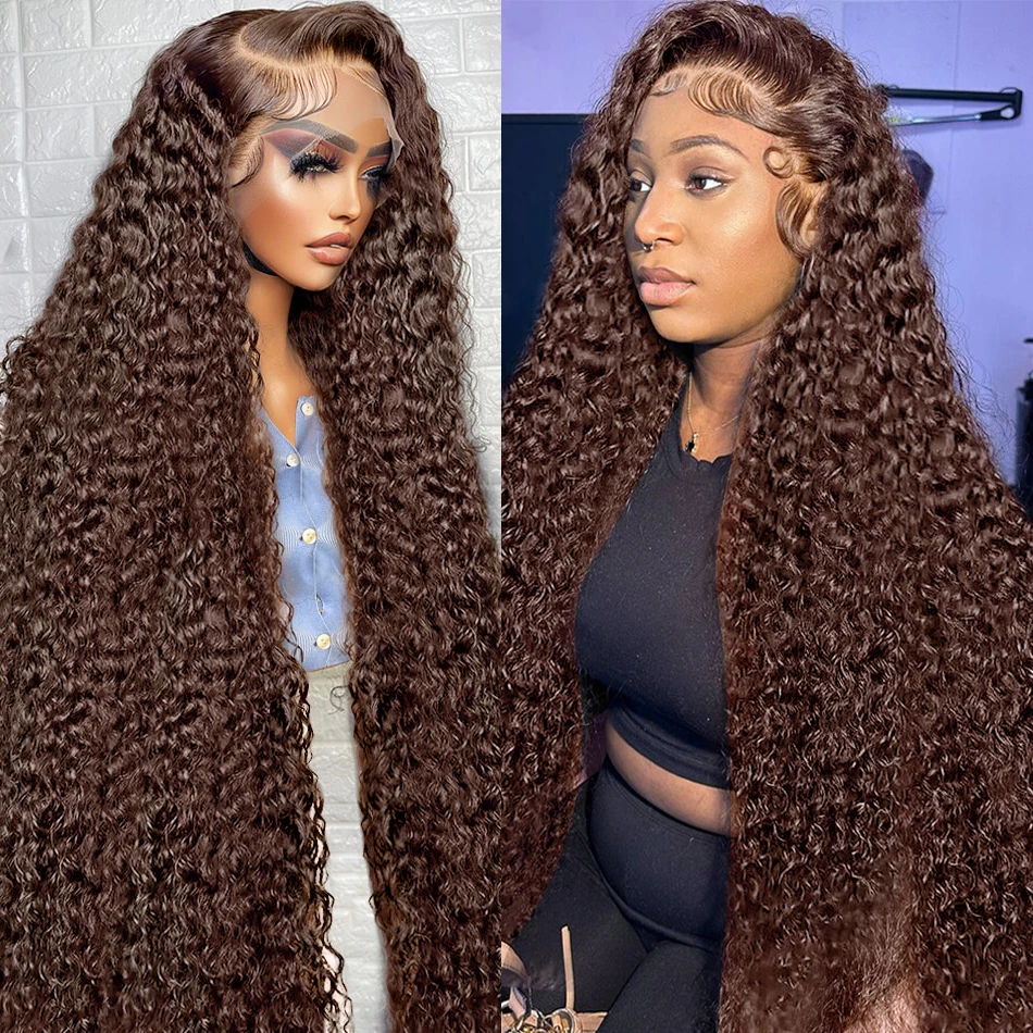 Deep Wave Chocolate Brown 13x4 HD Lace Front Human Hair Brazilian 30 Inch Loose Curly 250% Colored Frontal Wigs For Women