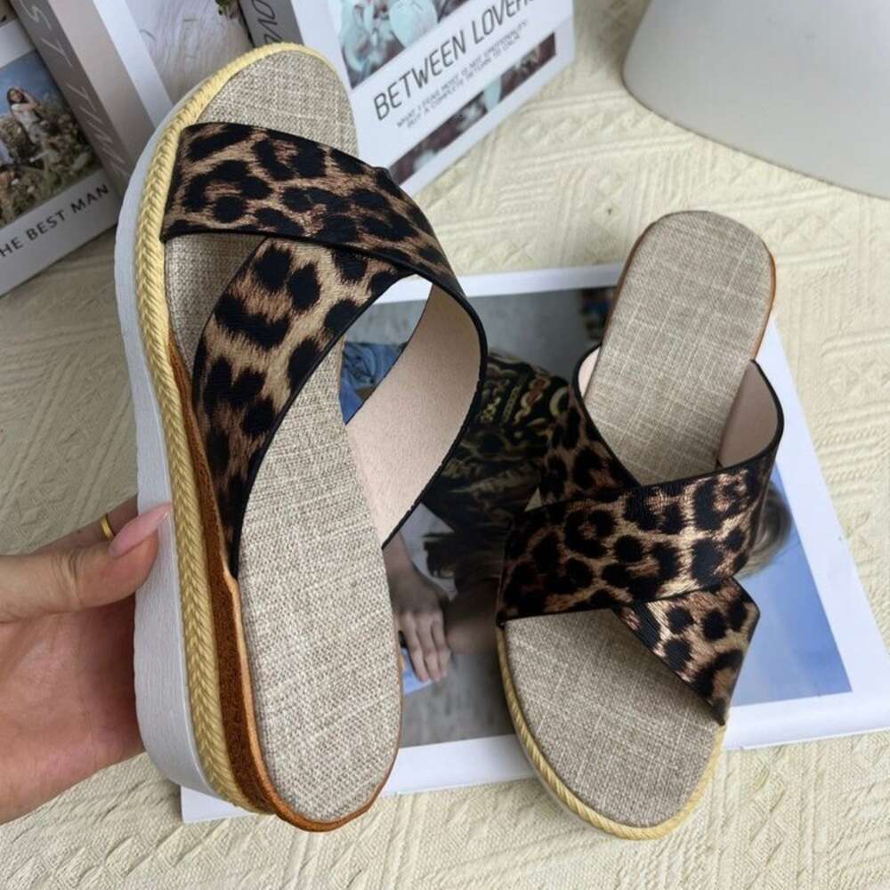 Size Summer Large New Women S Leopard Pattern Lazy Sexy Slope Heel Fish Mouth Slippers Ddmysaturn