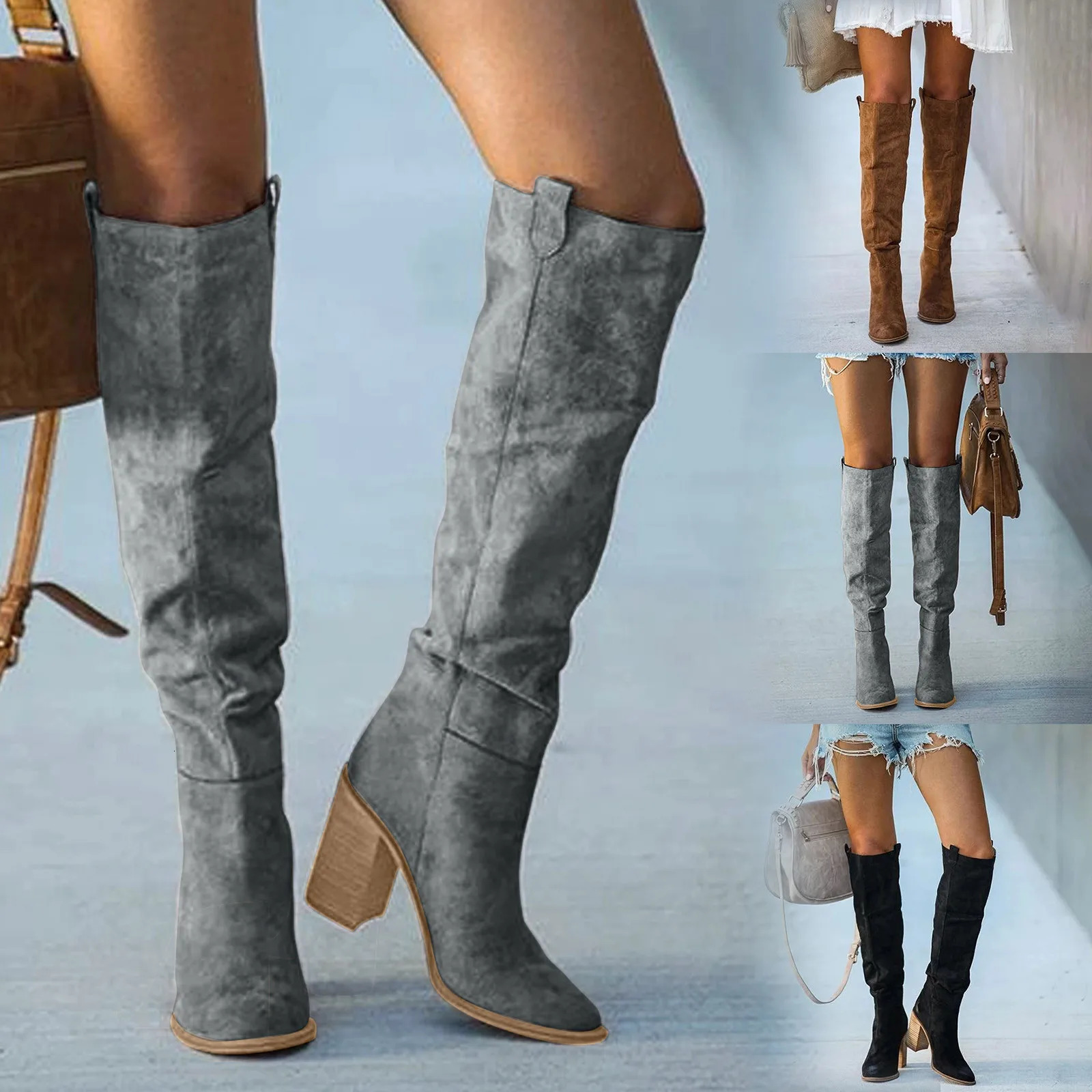 Women Fashion Casual Vintage Retro Long Knee-high Cowboy Boots Square Heel Shoes Boot Woman Bottes Femme Botas De Mujer Zapatos 240619