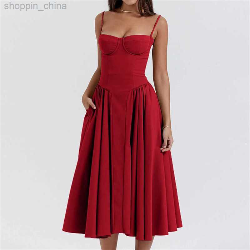 Basic Casual Dresses Fashion Sleeveless Backless Pleated Hem Dresses Women Sexy Solid Sling Midi Dress Summer Female Party Evening A-line Robes
