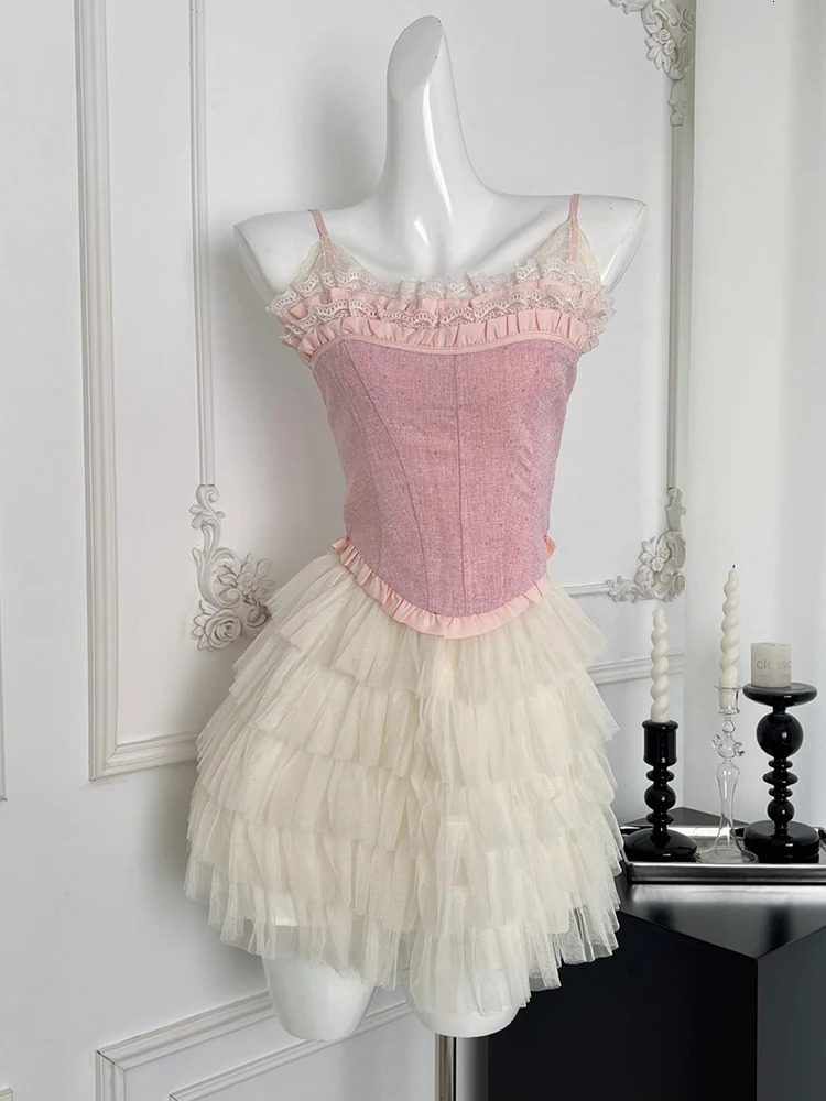 Summer Women Ballet Core Party Rave Birthday Vacation Vintage Suit Coquette Gyaru Outfits 2 Piece Set Camisole Mesh Mini Skirt 240619