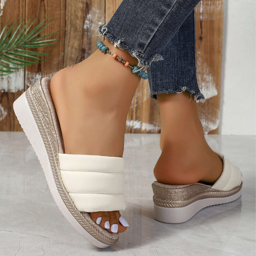 Summer Large Size New Women S Minimalist Solid Color Instagram Style Slope Sole Sandals One Line Sandals Ddmysaturn