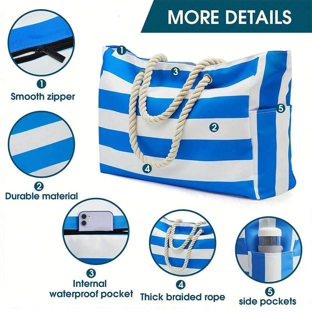 Striped Canvas Summer Beach Large Capacity Shopping Bag, Fashion Tote Bag For Travel,Ideal for Beach, Travel, & Camping H6.19#21.9 ddmy e2c0
