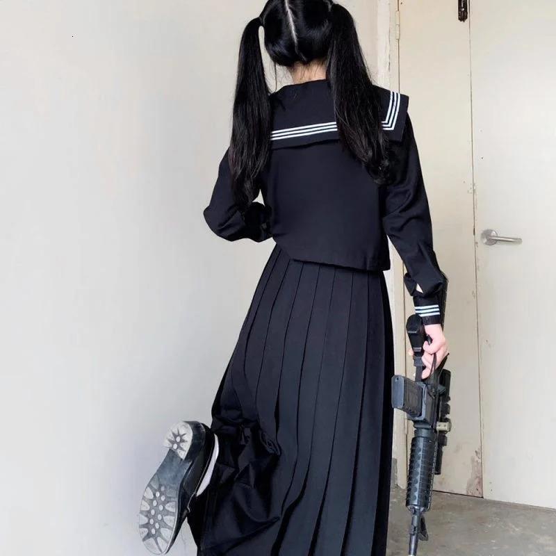 Japanese School Uniforms Style Student Girls Navy Costume Women Sexy Black JK Long Dress Suit Sailor Blouse Pleated Skirt Set 240617
