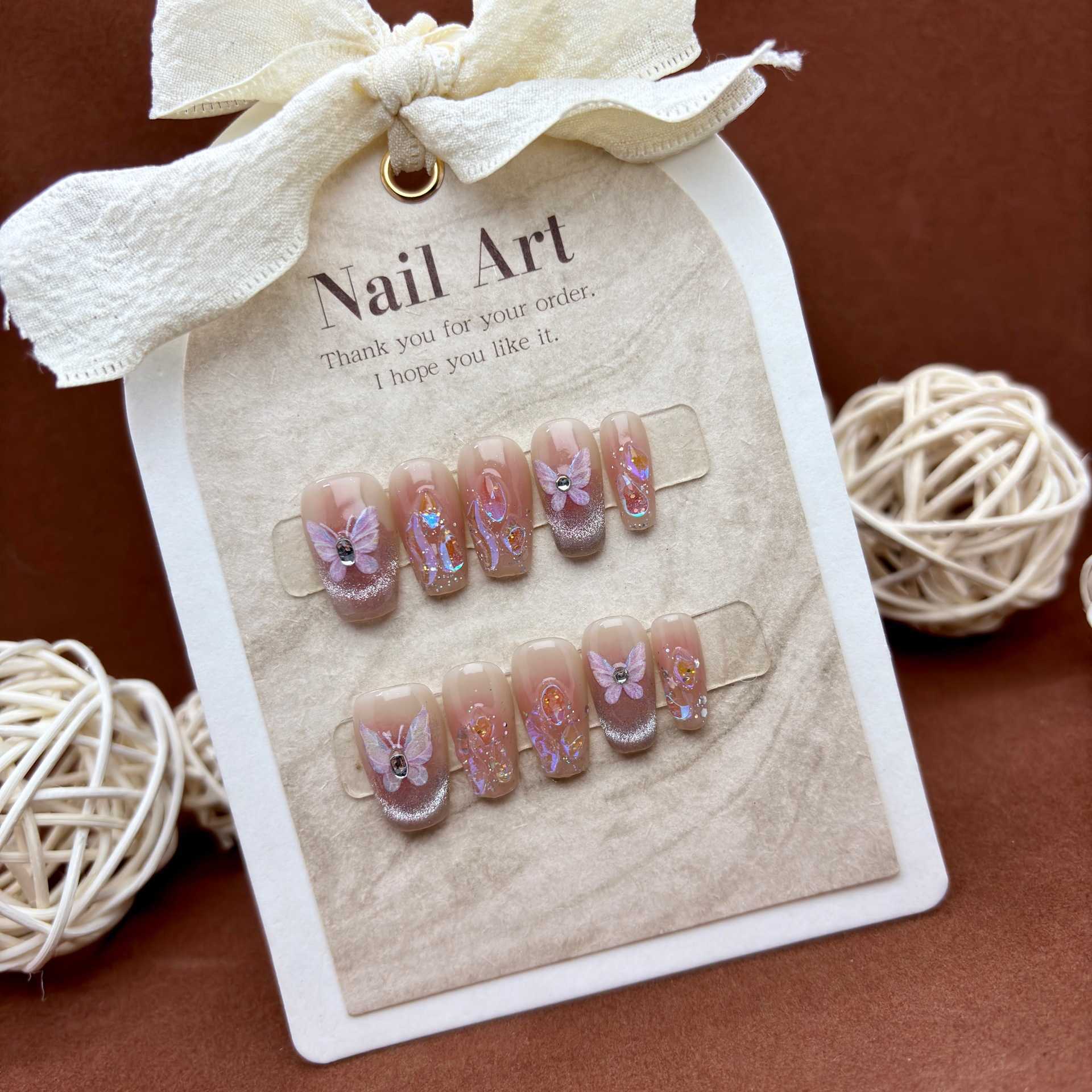 Girls False Nails Temperament Naked Handmade Wearing Nail White Stone Shell Butterfly Detachable Phototherapy Nail Panel 240530