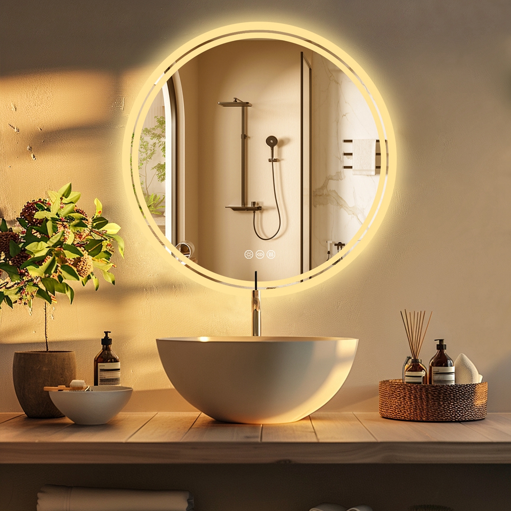 LUVODI 600 x 600 Round Illuminated Bathroom Wall Mirror with Demister Led Lights Dimmable Makeup Mirror for Bathroom Renovation