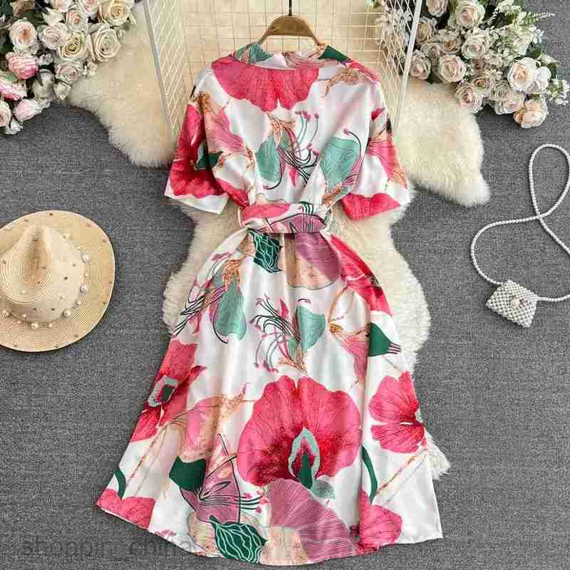 Basic Casual Dresses YuooMuoo Women Dress Fashion Print Floral A-line Shirt Dress Elegant Vintage Lady Summer Dress with Belt Casual Vestidos