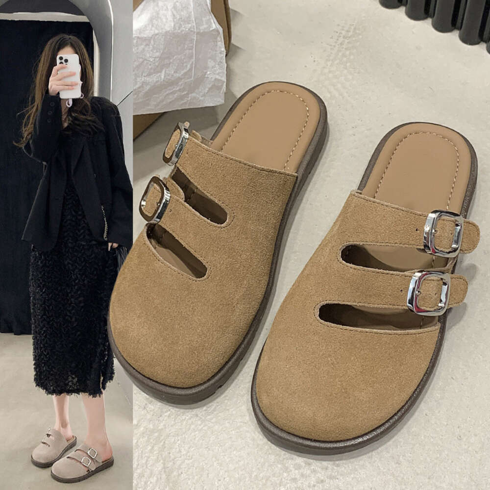 New Women Large S Head British Style Muller Reverse Velvet Buckle Sandals Lazy Slippers Ddmysaturn