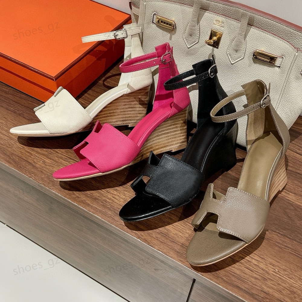 New Top quality wedge Sandals Genuine Leather Ankle buckle heels Summer women's luxury designers leather sole Fashion Sand Casual shoes factory footwear35-42