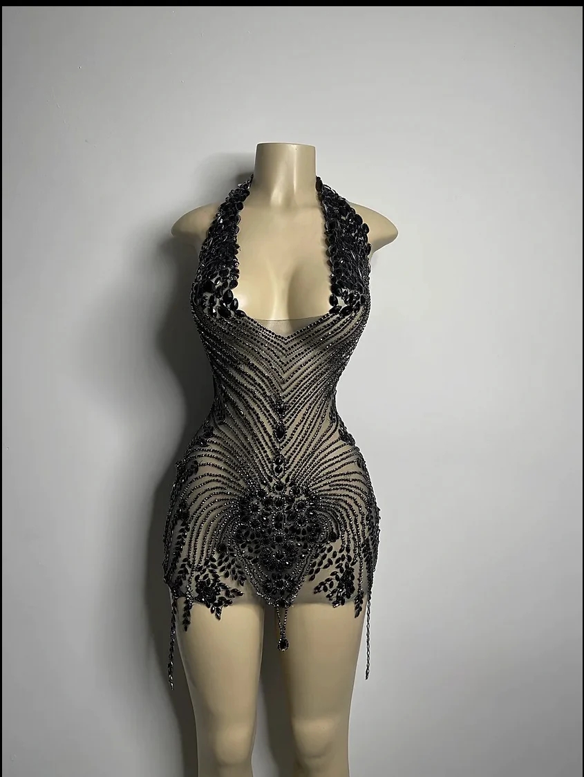 Black Sheer Crystals Short Prom Dresses For Black Girls See Through Luxury African American Cocktail Dresses Birthday Party Homecoming Gowns