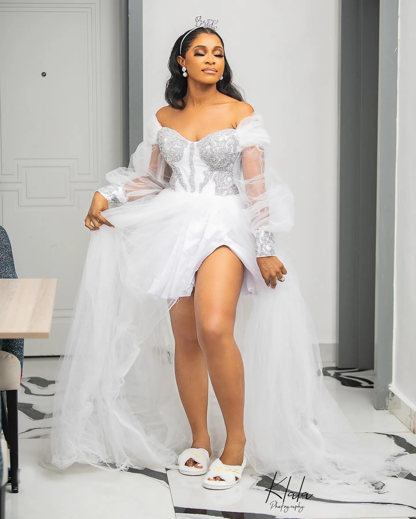 Wedding Charming Beaded Dresses Long Sleeves Side Split Bridal Gowns Off The Shoulder Neckline A Line Sweep Train Tulle Vestido De Novia