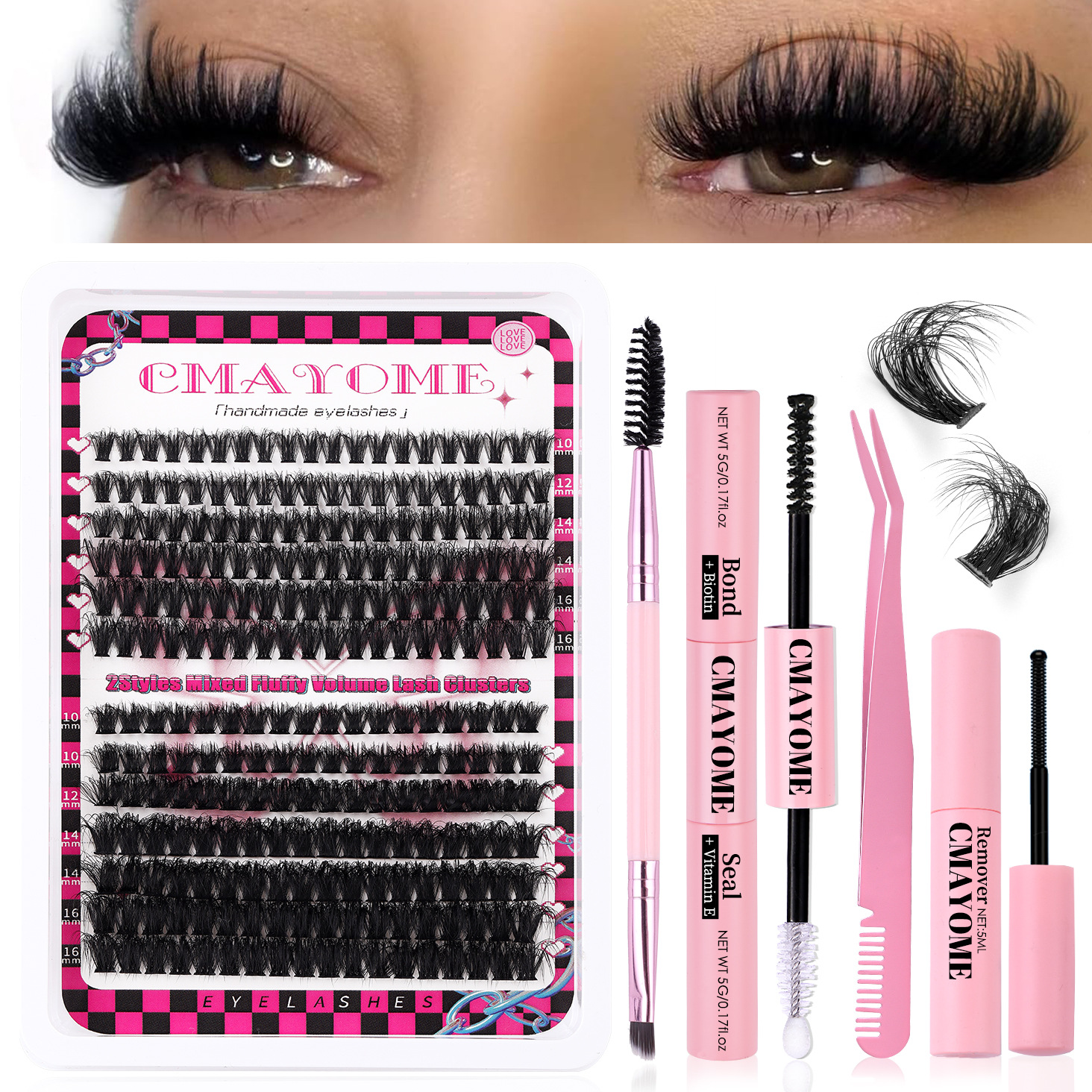 260 Cluster Lashes Kit Thick Fluffy DIY False Eyelashes Naturally Soft Lightweight Handmade Reusable Curling Individual Eyelashes Set with Lash Bond and Seal