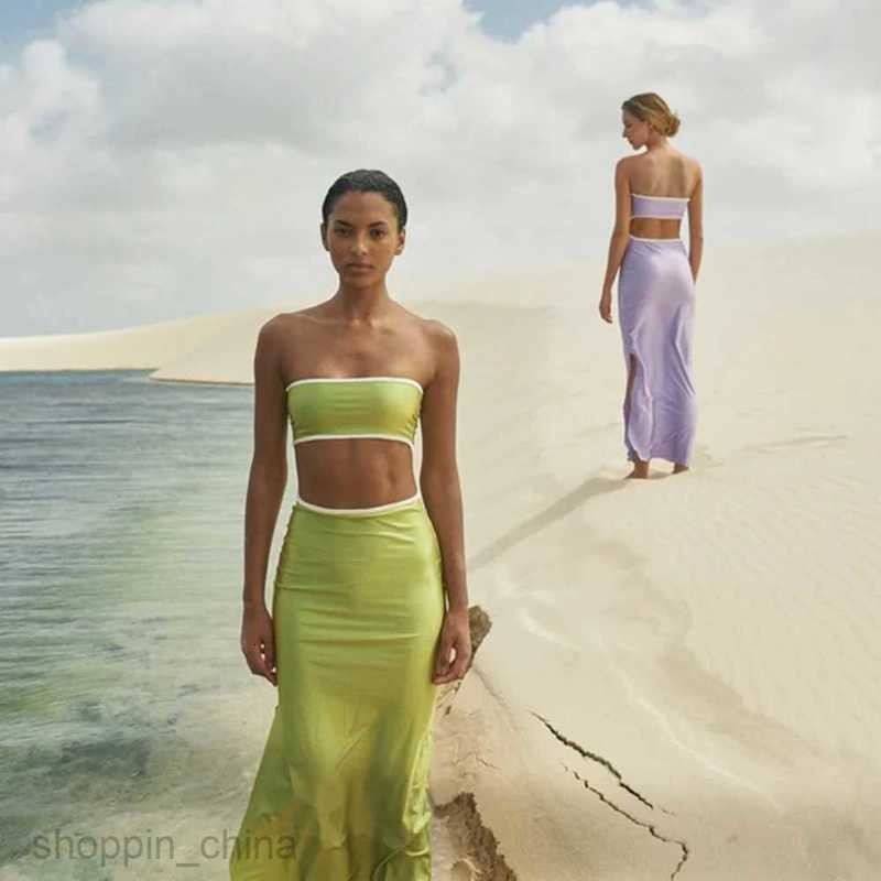 Basic Casual Dresses Combhasaki Womens High Street Casual Cutout Tube Tops Dress Fashion Gradient/Solid Color Off-shoulder Skinny Slit Long Sundress